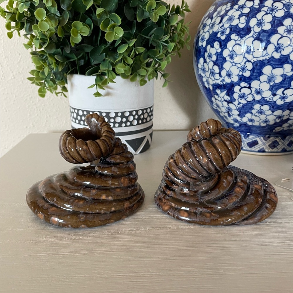 Vintage Drip Glaze Cornucopia Studio Pottery Candlestick Holders MCM Decor 1954